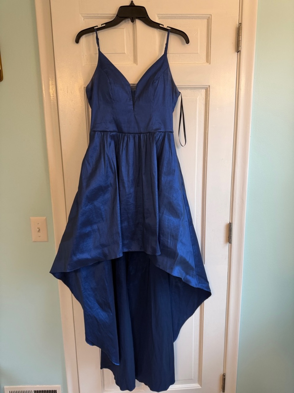 B. Smart Royal Blue High-Low Satin Prom Dress with Spaghetti Straps